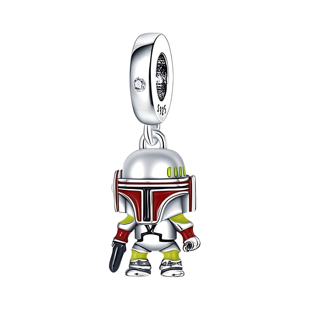Star Wars Boba Fett Dangle Charm with red and silver enamel detailing, featuring a blaster and sparkling stone.