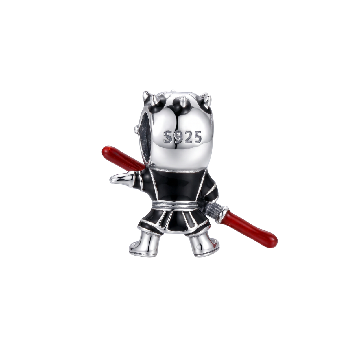 Rear view of the silver Star Wars Darth Maul Charm showing the S925 engraving and double-bladed red lightsaber.