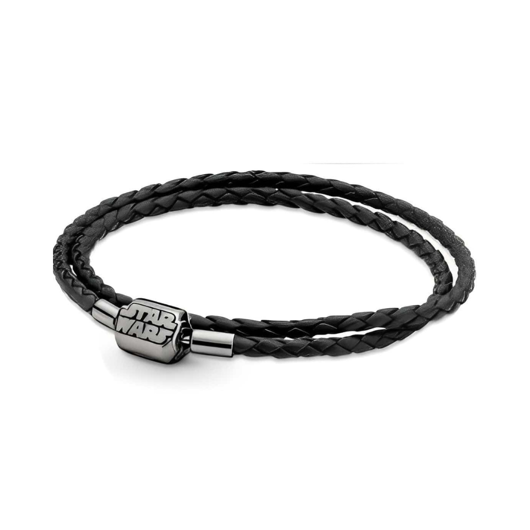 Star Wars The Mandalorian Black Leather Bracelet with a braided design and engraved barrel clasp.