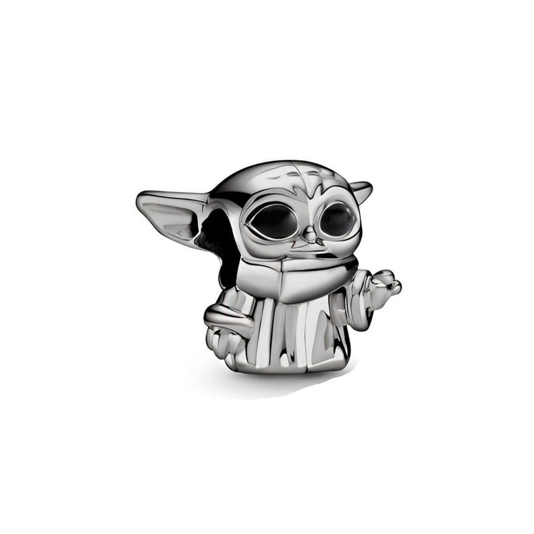 Star Wars Mandalorian Grogu Charm in oxidised silver with deep black eyes and large ears.