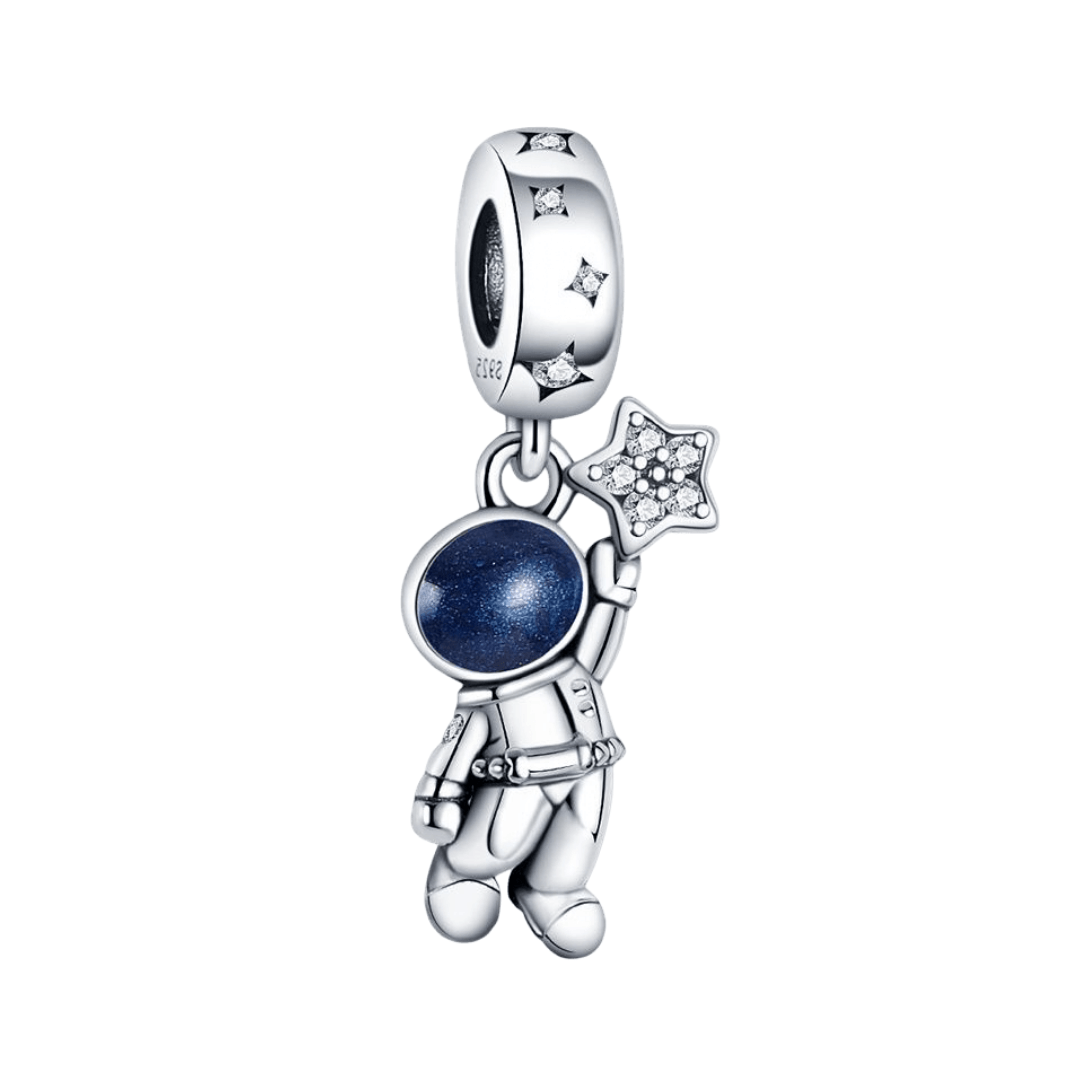 Stargazer Astronaut Dangle Charm, a silver astronaut holding a sparkling star with a galaxy glitter helmet.