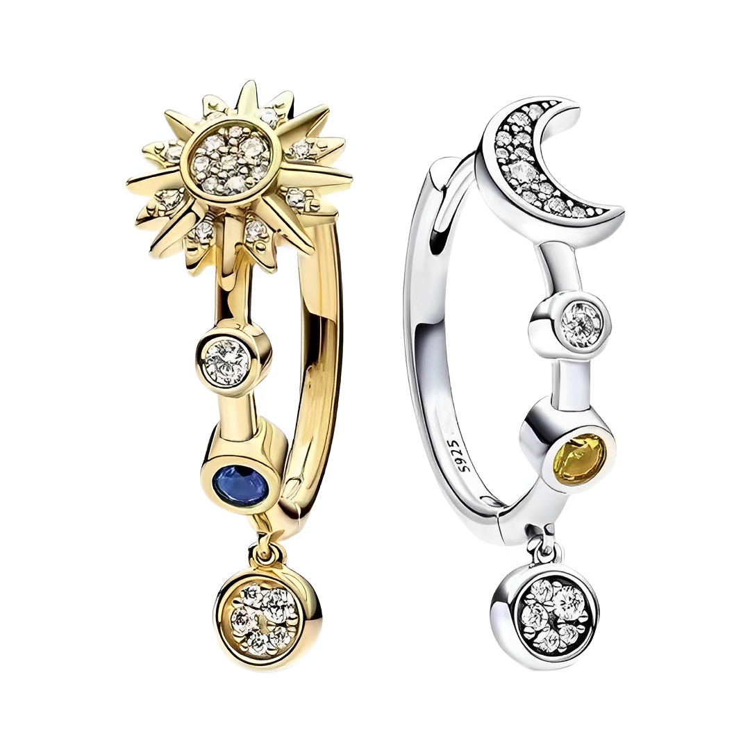 Sun and Moon Celestial Hoop Earrings featuring star and moon designs with crystals.