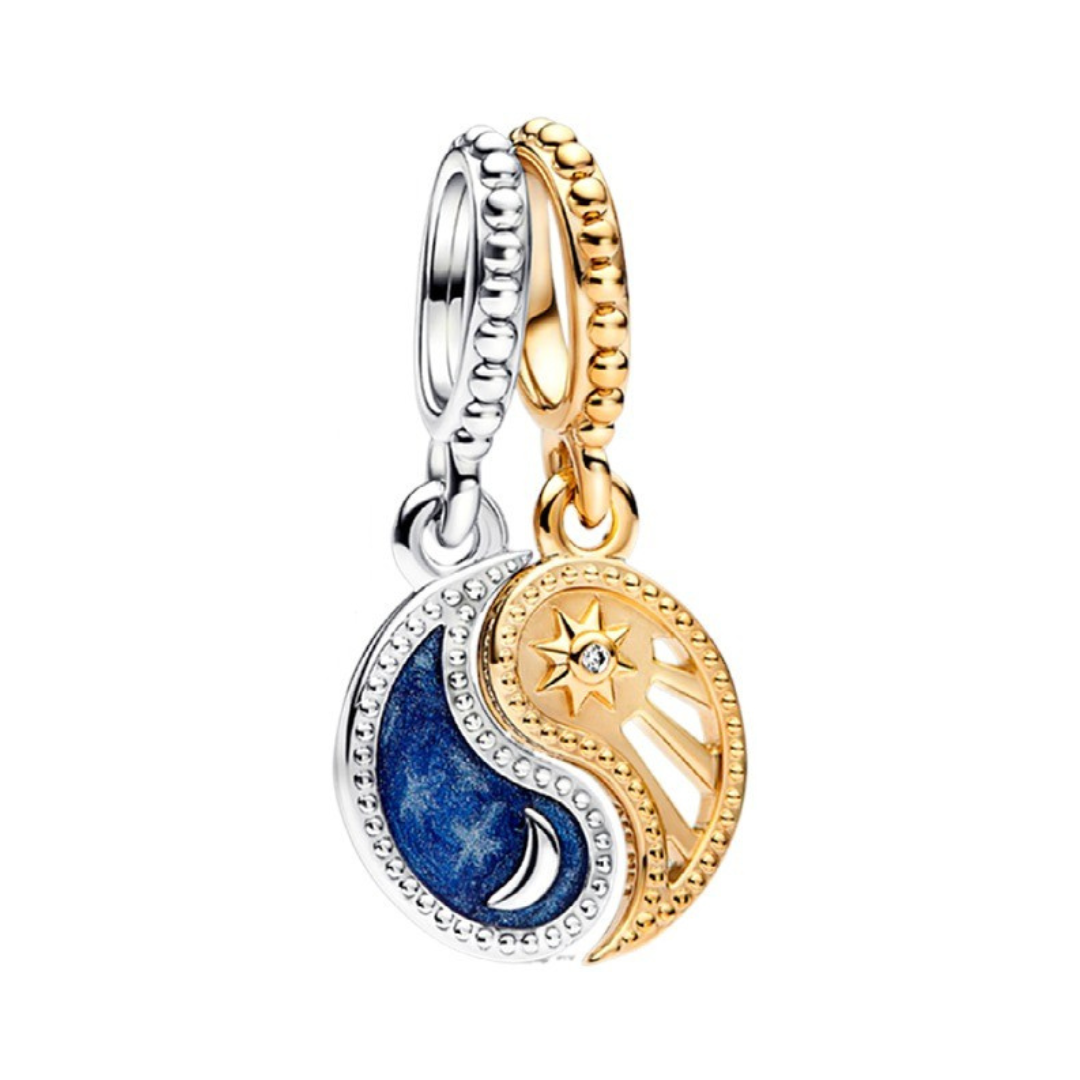 Sun & Moon Yin Yang Two-Tone Celestial Pendant showcasing a gold sun and blue crescent moon design.