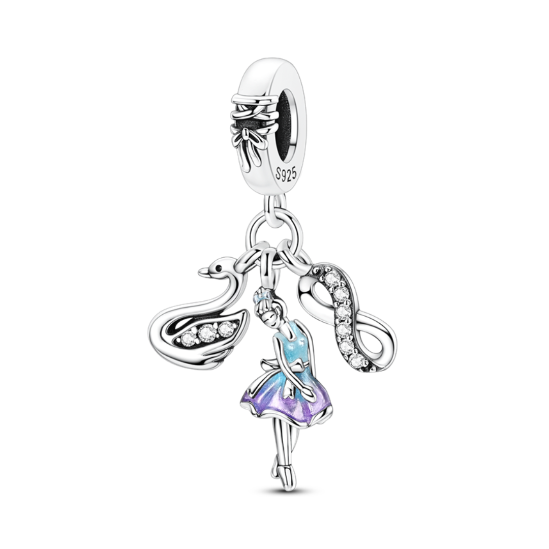 Swan Lake Ballerina Triple Dangle Charm featuring a ballerina, swan, and sparkling ribbon bow charm.