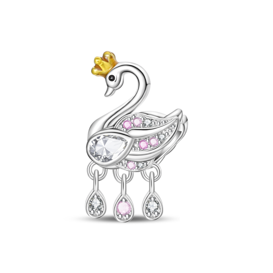 Swan Princess Dangle Charm featuring a beautiful swan design with pink and clear crystals and a golden crown.