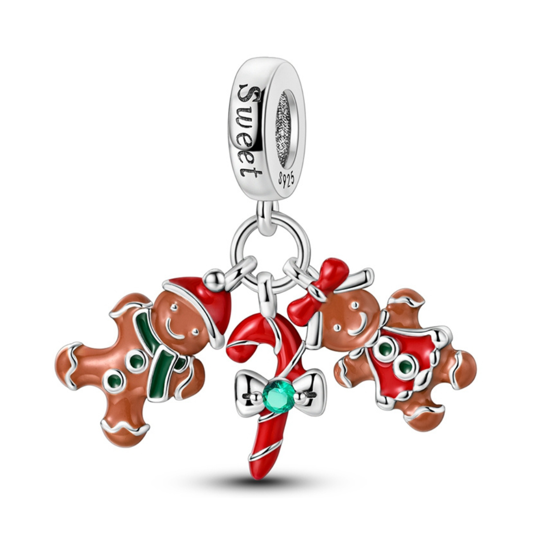 Sweet Gingerbread & Candy Cane Triple Dangle Charm showcasing gingerbread figures and a candy cane.