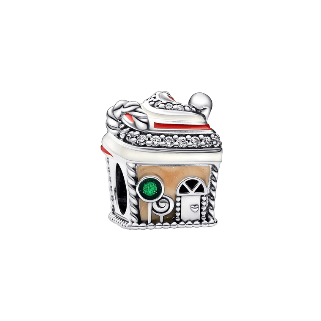 Sweet Gingerbread House Christmas Charm with snow-covered roof and candy cane detail.
