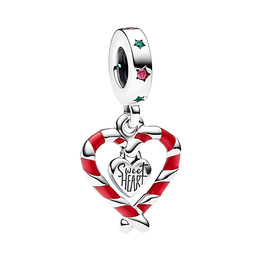 Sweet Heart Candy Cane Christmas Dangle Charm featuring red and white striped heart shape with engraved "Sweet Heart".