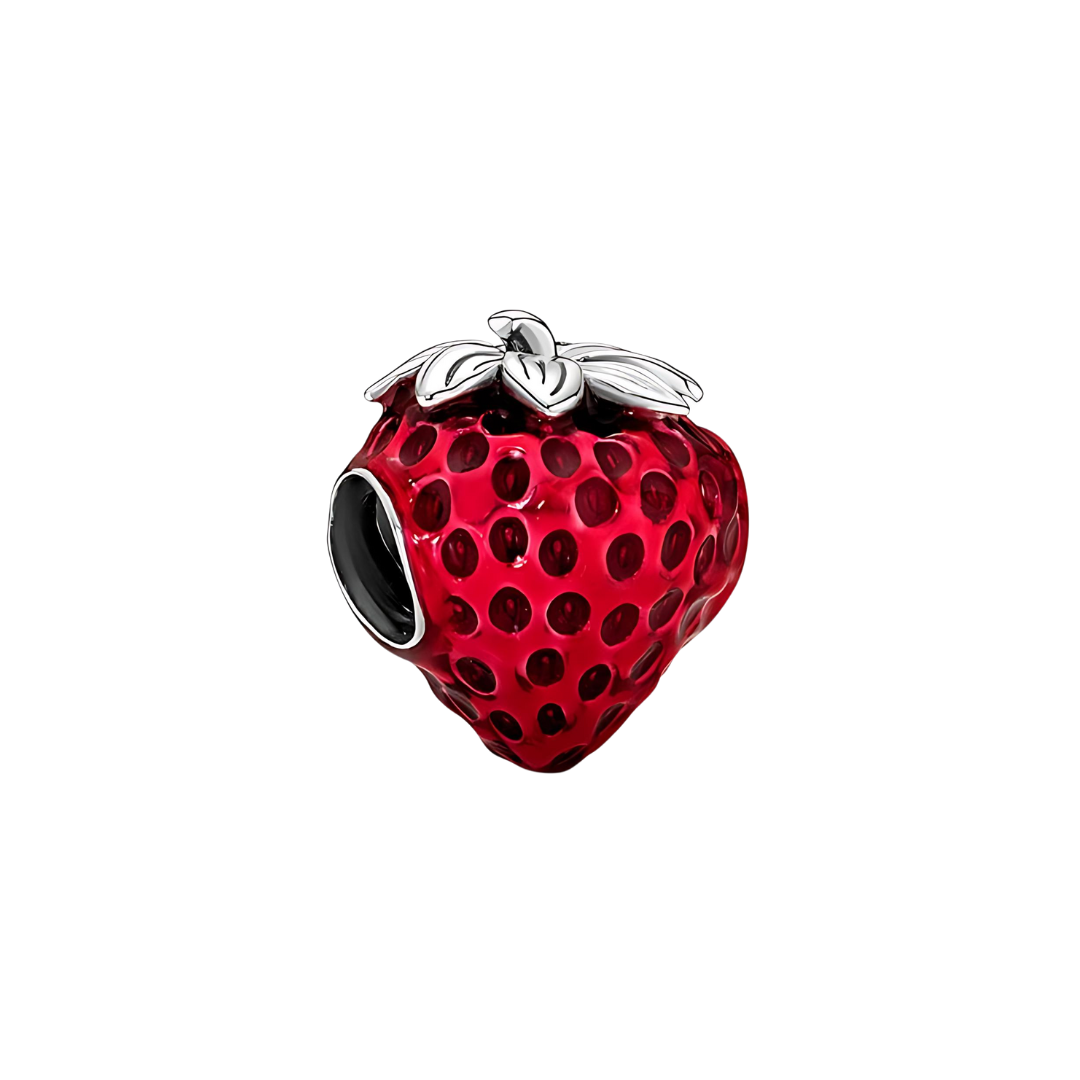 Sweet Red Strawberry Charm with detailed seed texture and silver leaves, perfect for fruit lovers.