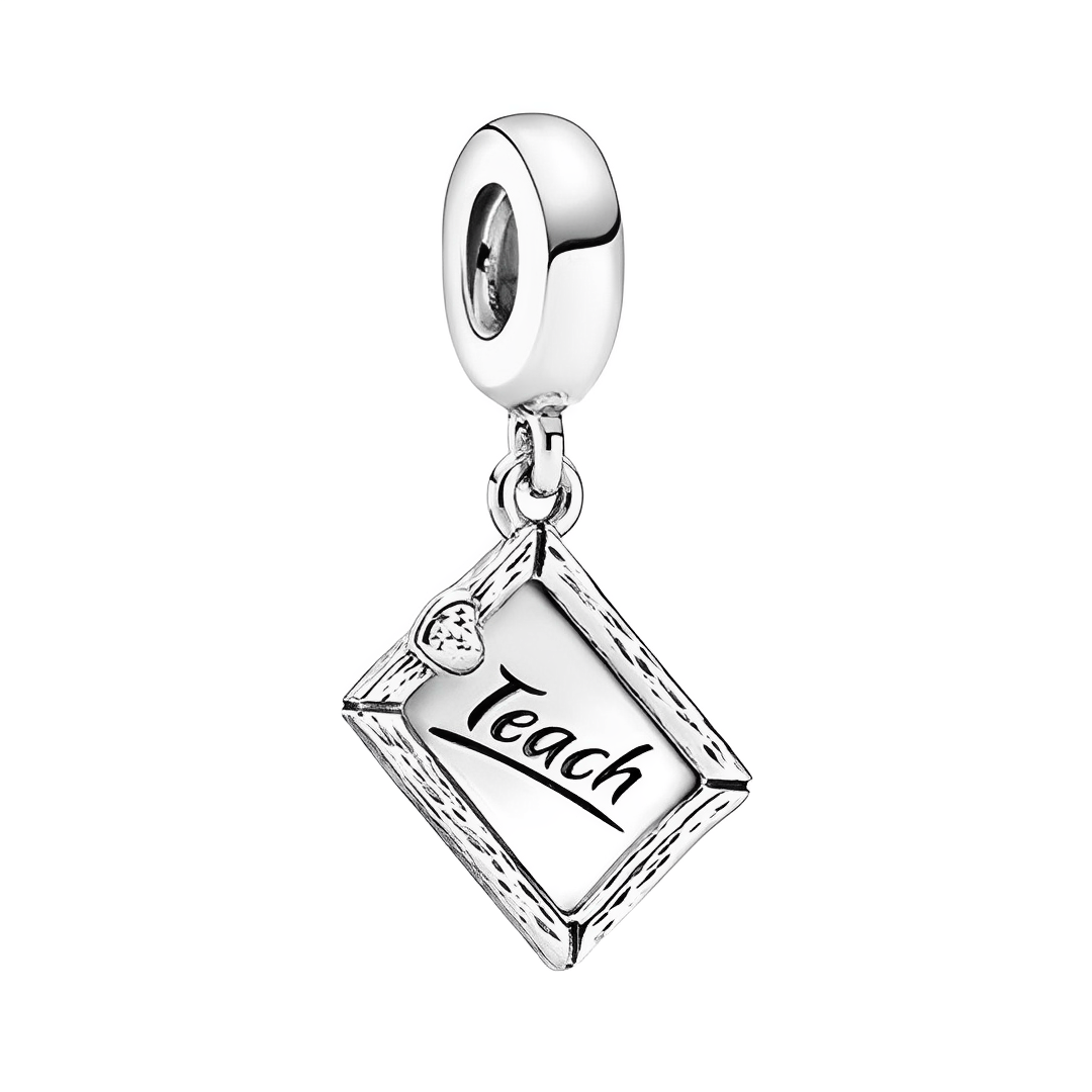 Teach Blackboard Heart Dangle Charm with silver frame and heart detail, perfect for teachers.