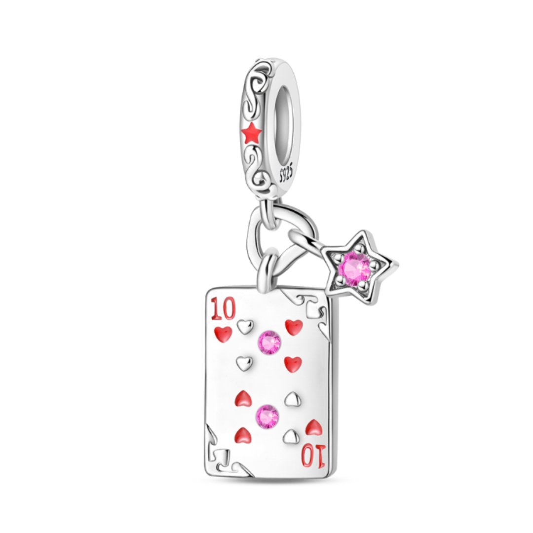 Ten of Hearts Poker Dangle Charm with heart and star design, adorned with pink rhinestones.