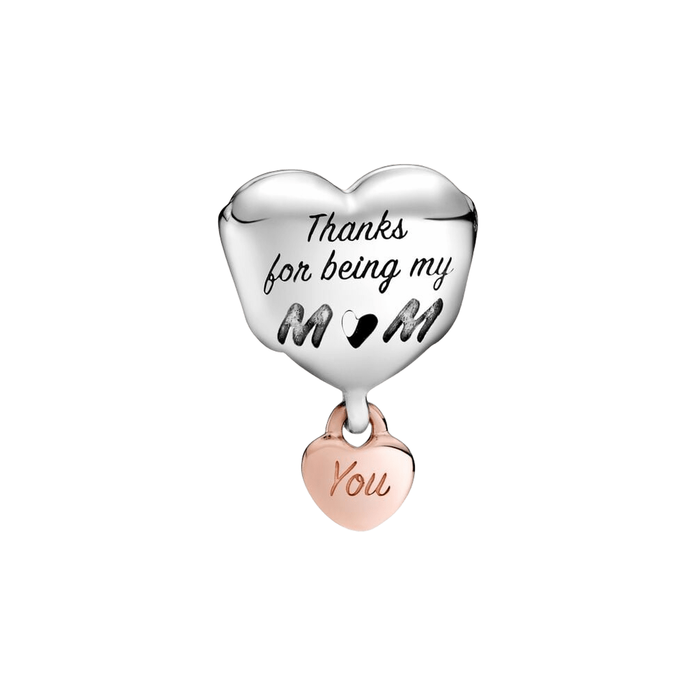 Thanks For Being My Mom Heart Charm with engraved silver heart and rose gold dangle heart saying You.
