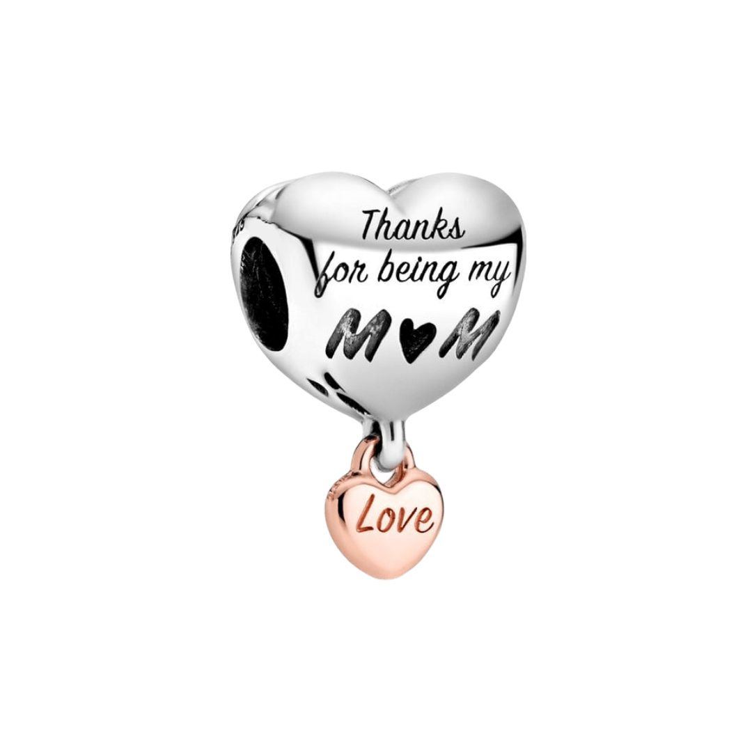 Thanks For Being My Mom Heart Charm featuring a silver heart engraved with an adorable message.