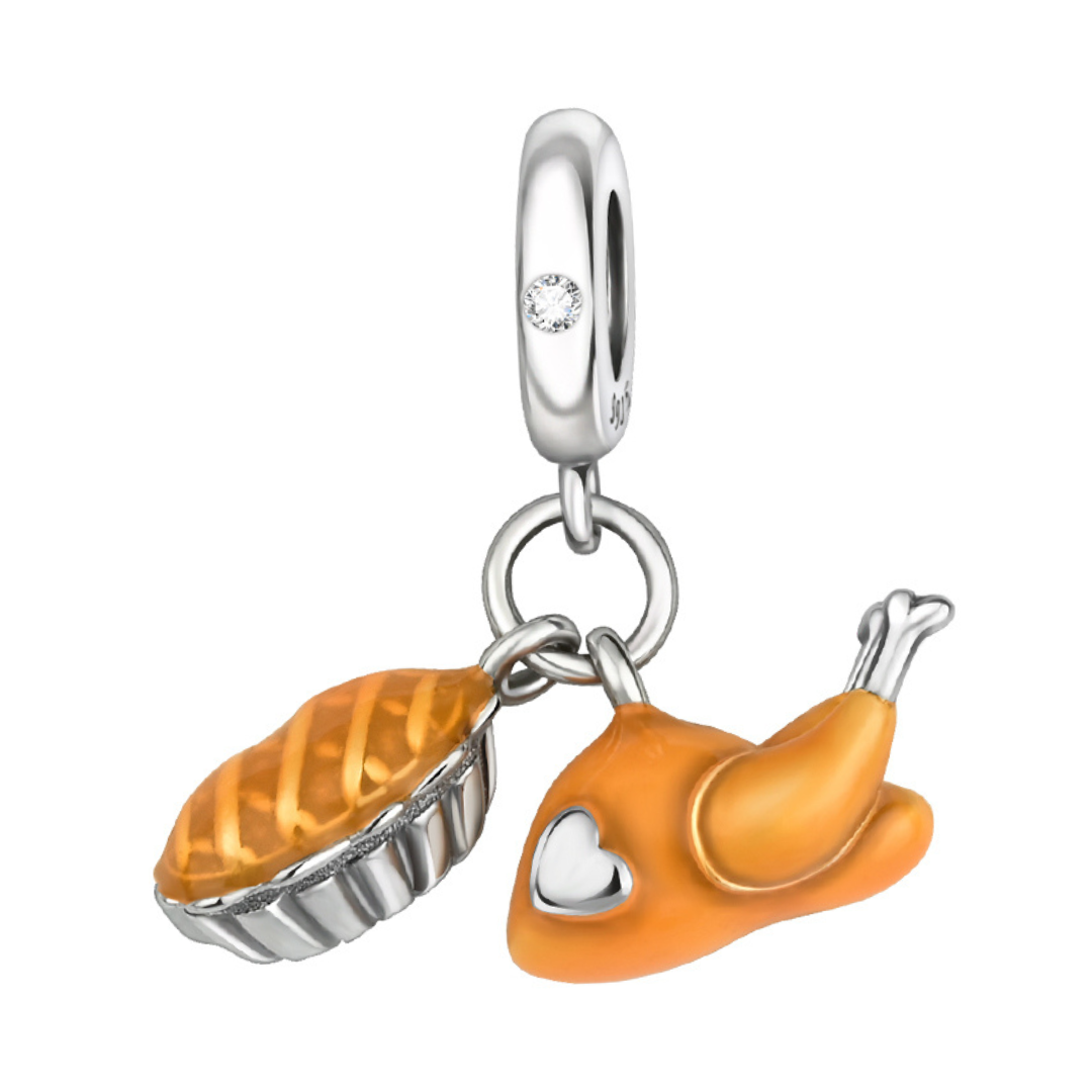Thanksgiving Dinner Dangle Charm featuring a turkey and pie design for festive jewelry lovers.