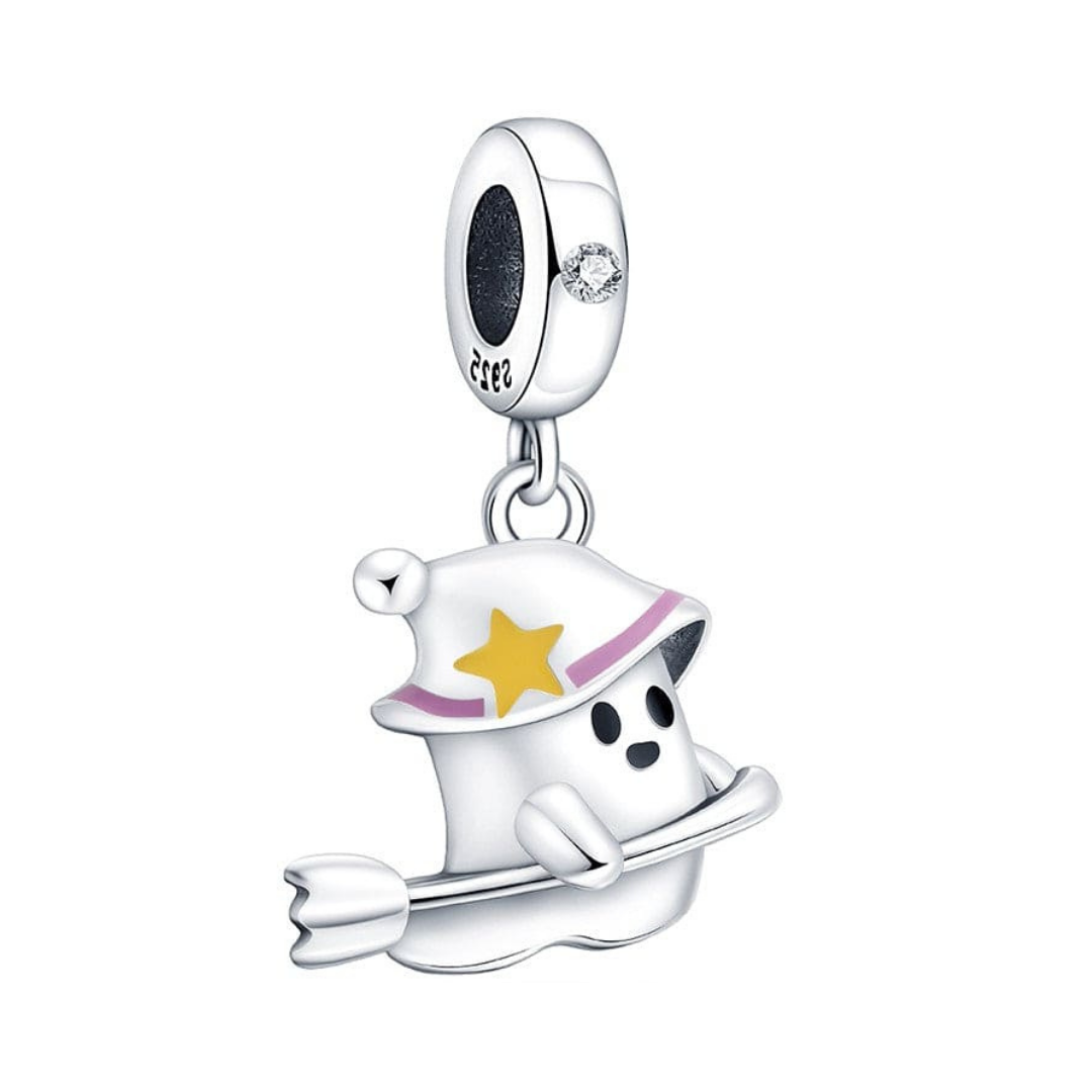 The Ghost On The Broomstick Dangle Charm (DISCONTINUED) in sterling silver with a ghost and wizard's hat design.