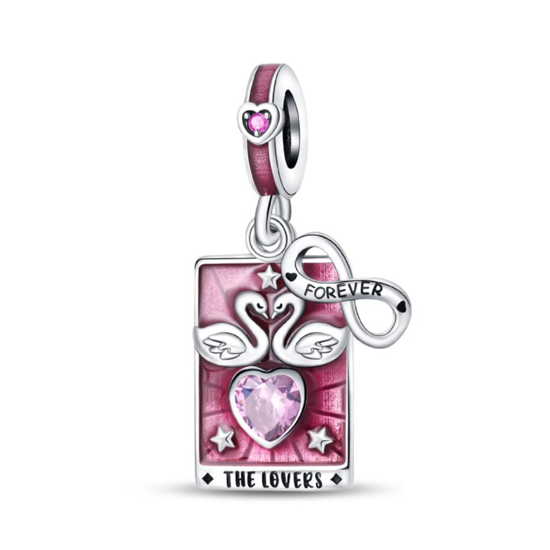 The Lovers Tarot Card Dangle Charm featuring swans, heart, and infinity symbol, perfect for meaningful relationships.