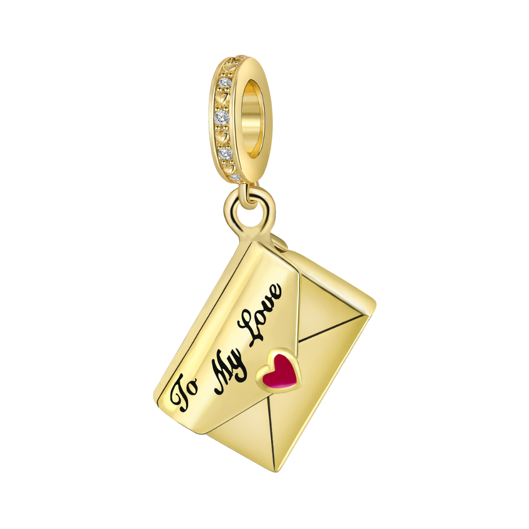 To My Love Golden Letter Dangle Charm featuring a golden envelope with heart seal for romantic gifts.