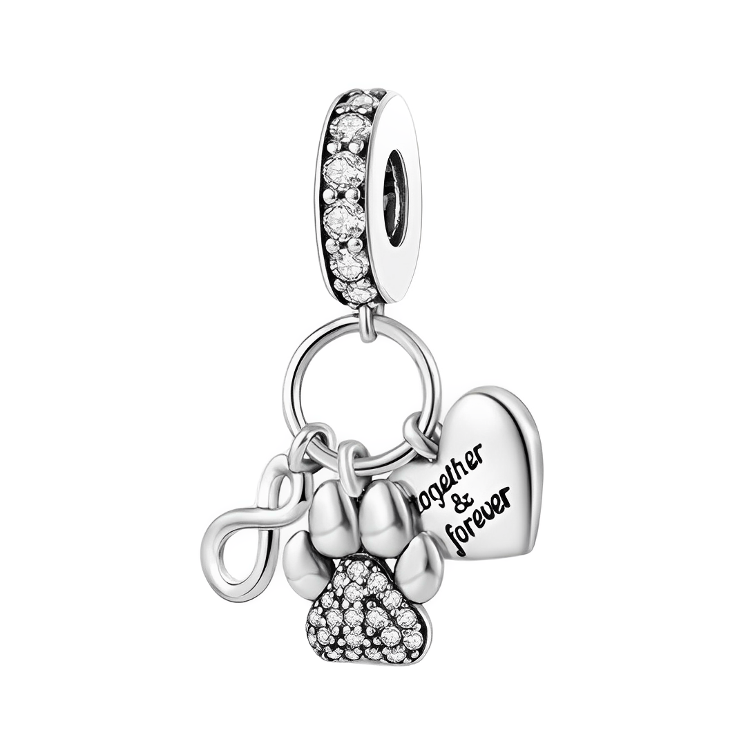 Together And Forever Paw Print Dangle Charm featuring a sparkling paw print, heart, and infinity symbol.