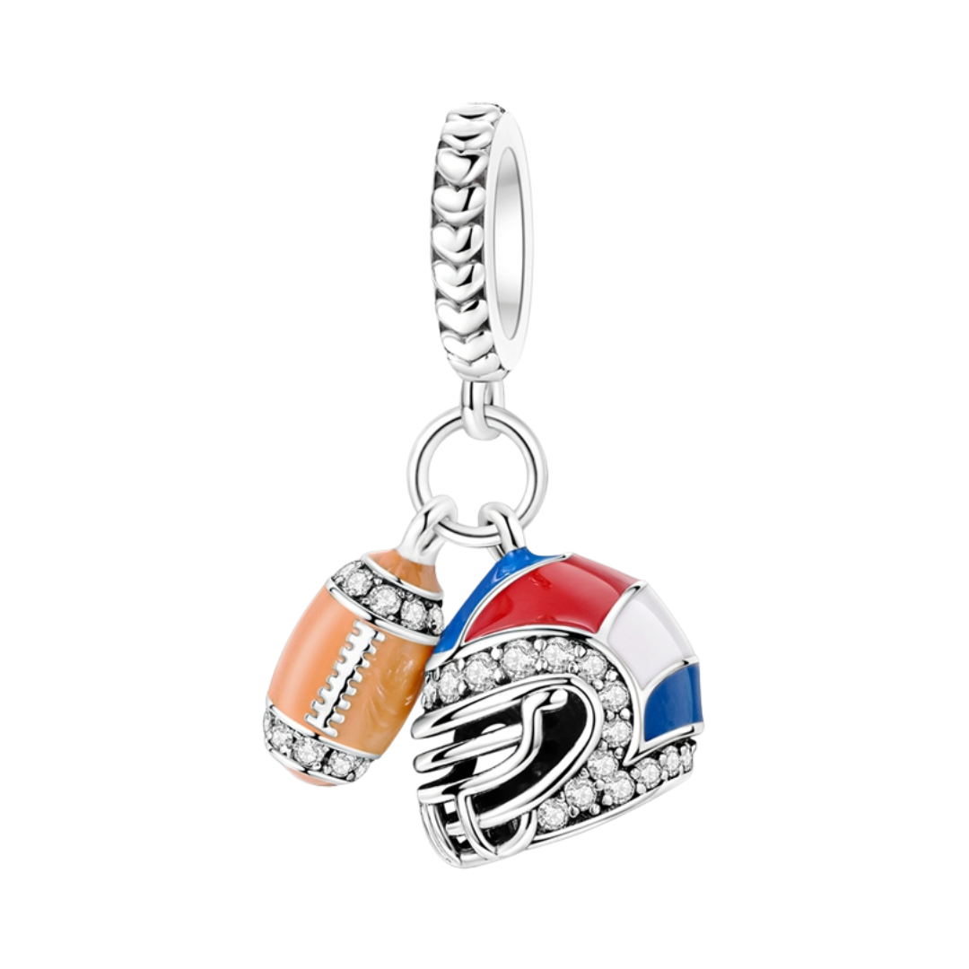 Touch Down American Football Dangle Charm featuring a sparkling football and helmet charm.