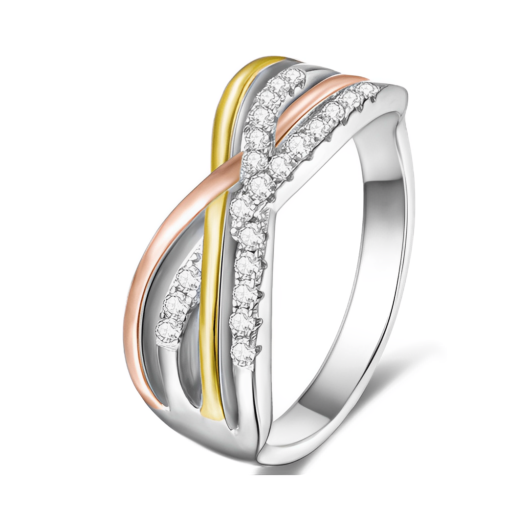 Tri-Color Crossover Ring ( Discontinued ) featuring silver, gold, rose gold accents, and pavé zircon stones.