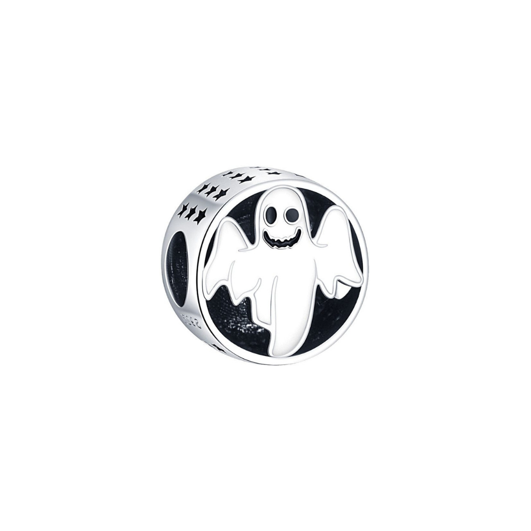 Trick or Treat Ghost Halloween Charm with a white ghost on black background and star details.