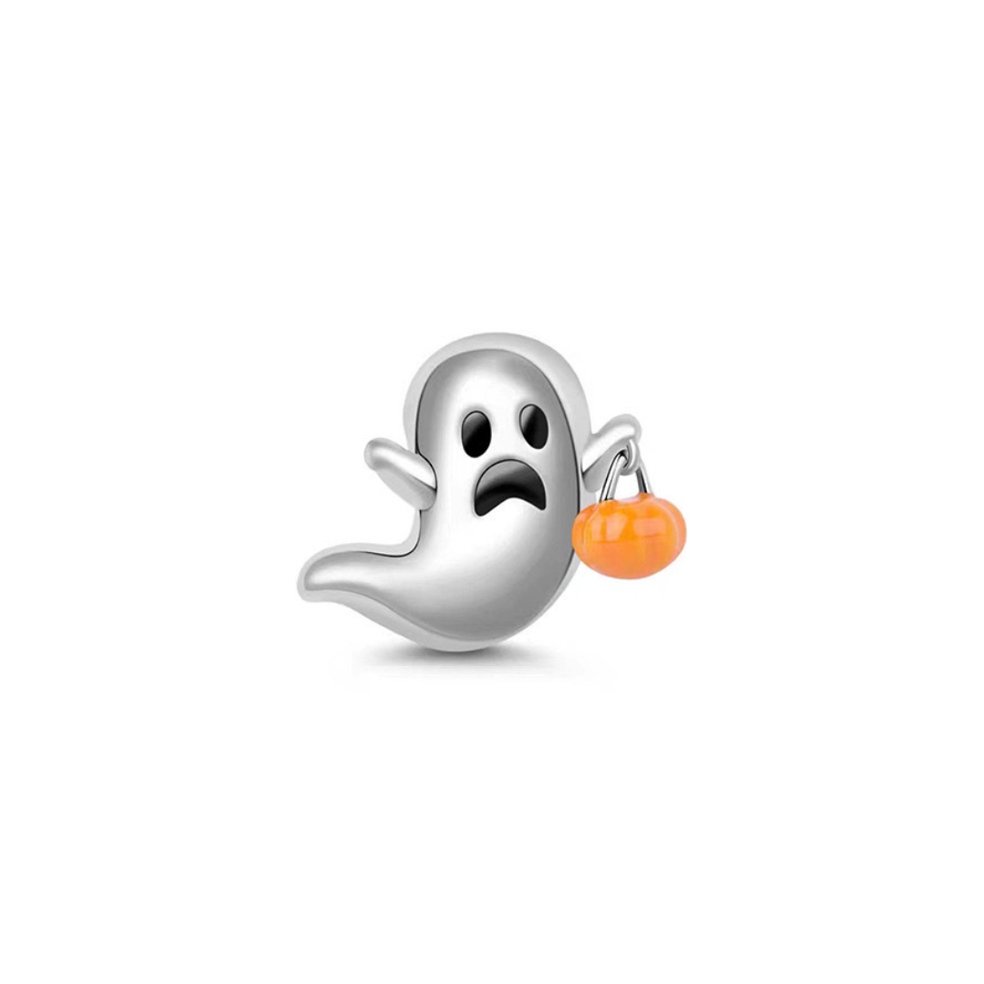 Trick or Treat Sad Ghost Pumpkin Charm featuring a worried ghost holding an orange pumpkin bucket.