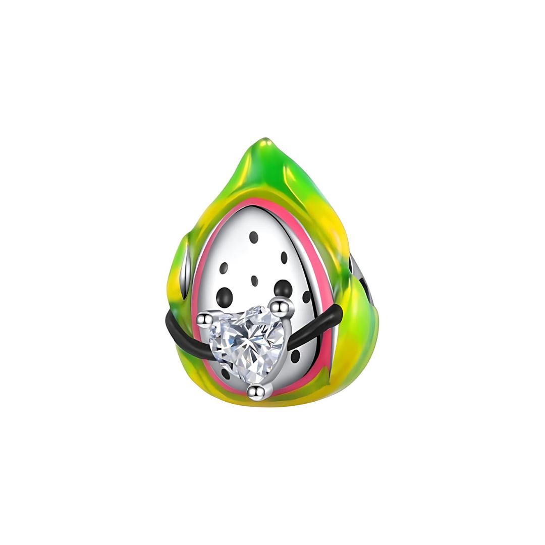 Tropical Dragon Fruit Heart Charm featuring vivid green and yellow enamel with a sparkling heart stone at the center.