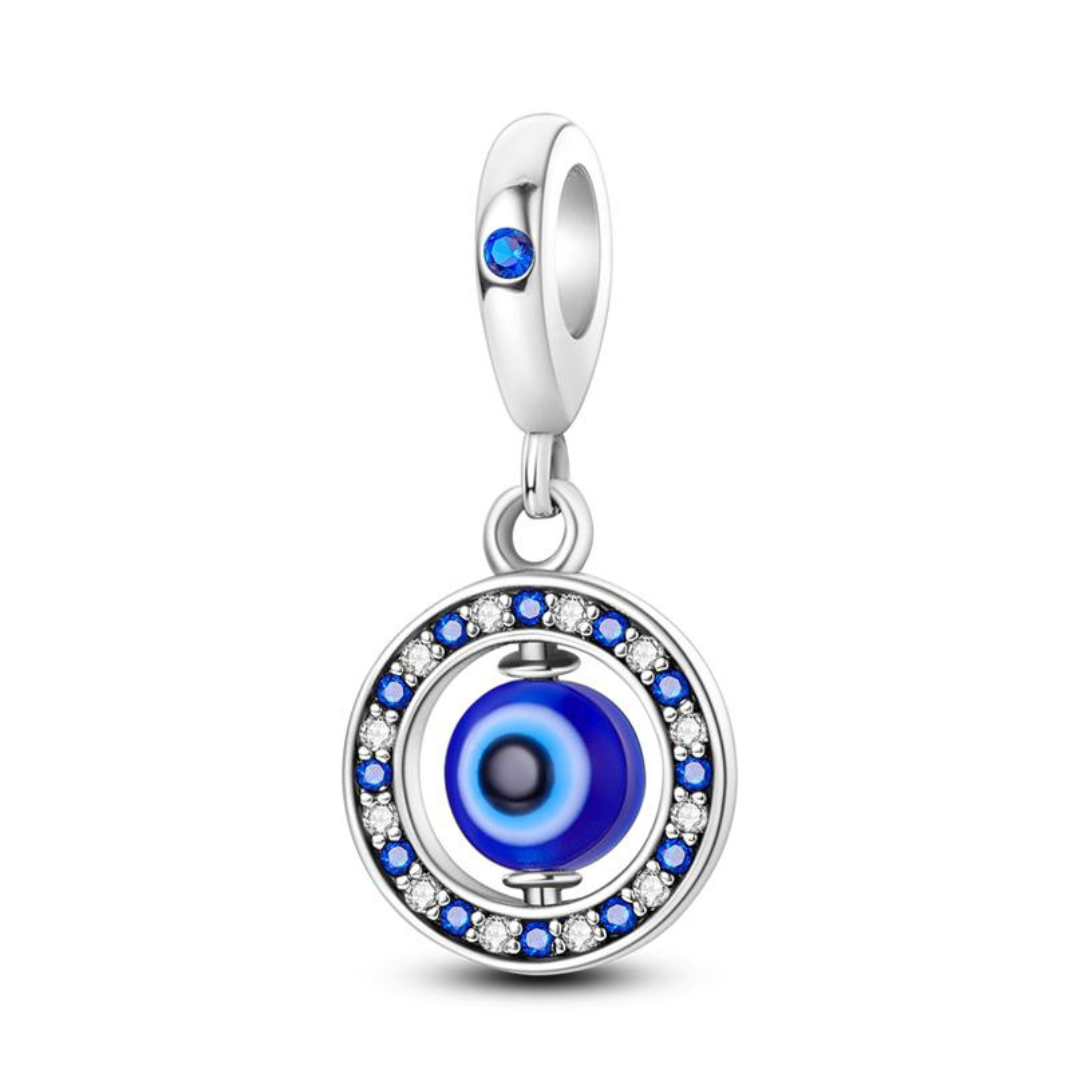 Turkish Blue Evil Eye Round Dangle Charm with a blue enamel center and sparkling stone halo.
