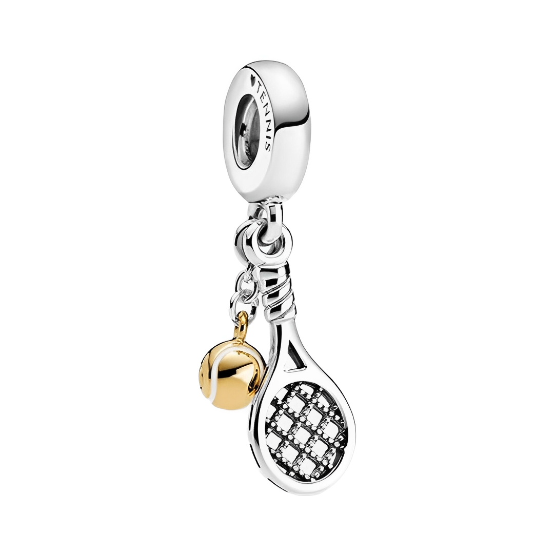 Two-Tone Tennis Racket & Ball Dangle Charm featuring a detailed silver racket and gold ball dangle.