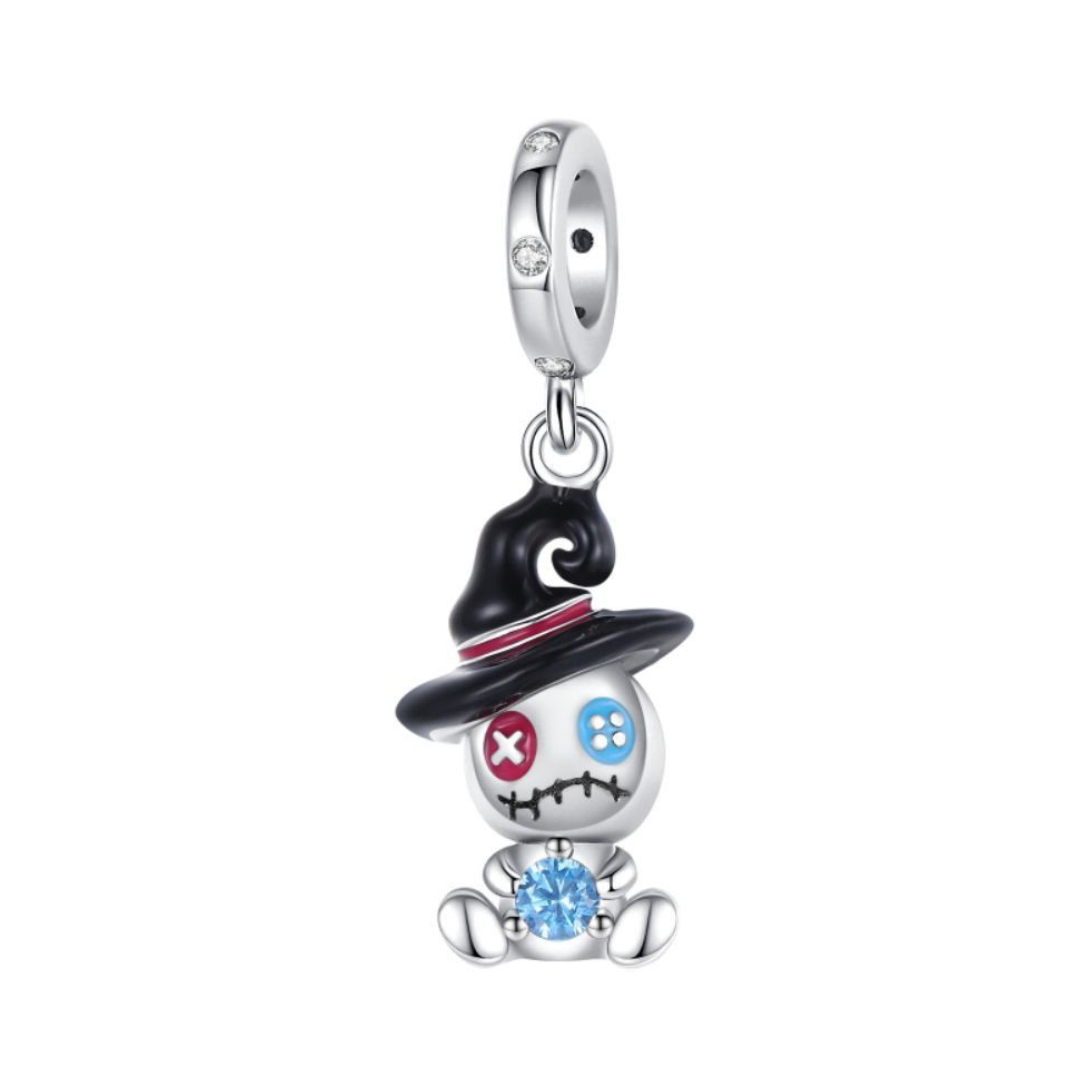 Voodoo Doll Witch Hat Halloween Dangle Charm featuring a silver voodoo doll with a black witch hat and blue crystal orb.