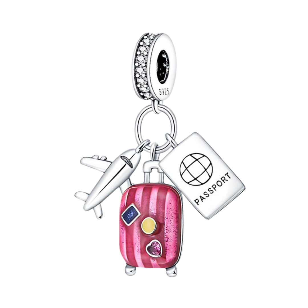 Wanderlust Pink Travel Triple Dangle Charm featuring a silver airplane, pink suitcase, and passport charm.