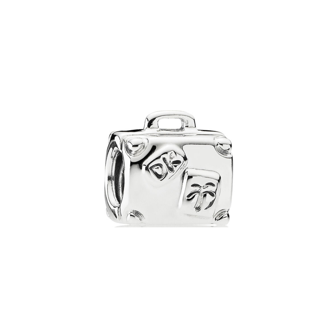 Chunky silver Wanderlust Suitcase Travel Charm with carry handle and palm tree sticker detail.
