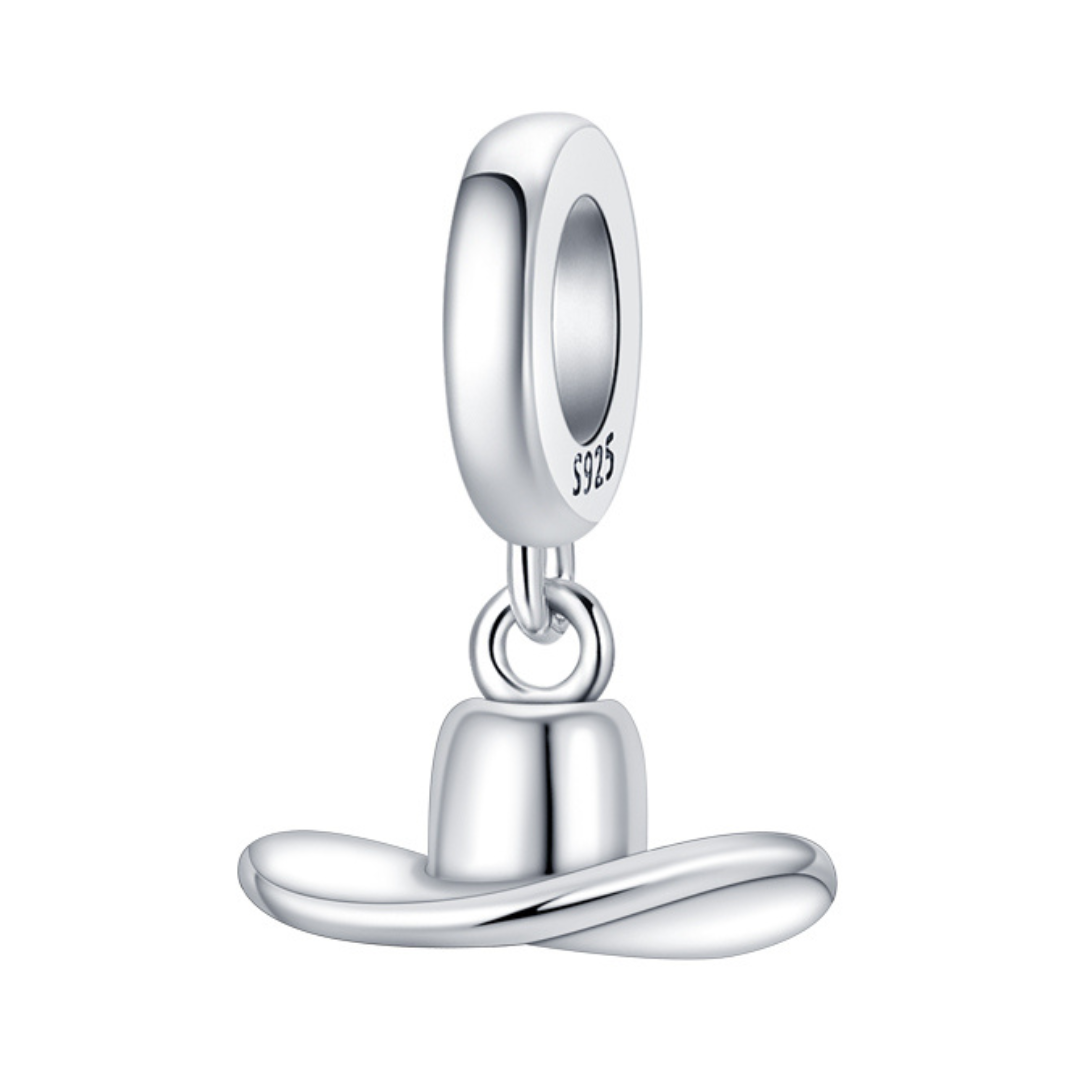 Wide Brim Cowboy Hat Dangle Charm in polished silver with smooth rounded crown and wide brim.