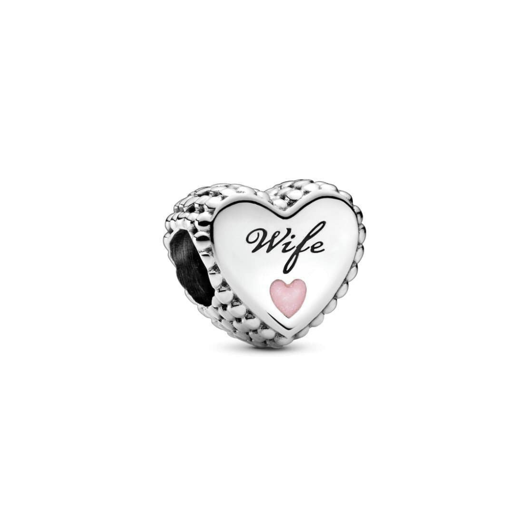 Wife Heart Charm featuring a beaded silver heart with the word 'Wife' in script and a pink enamel heart.