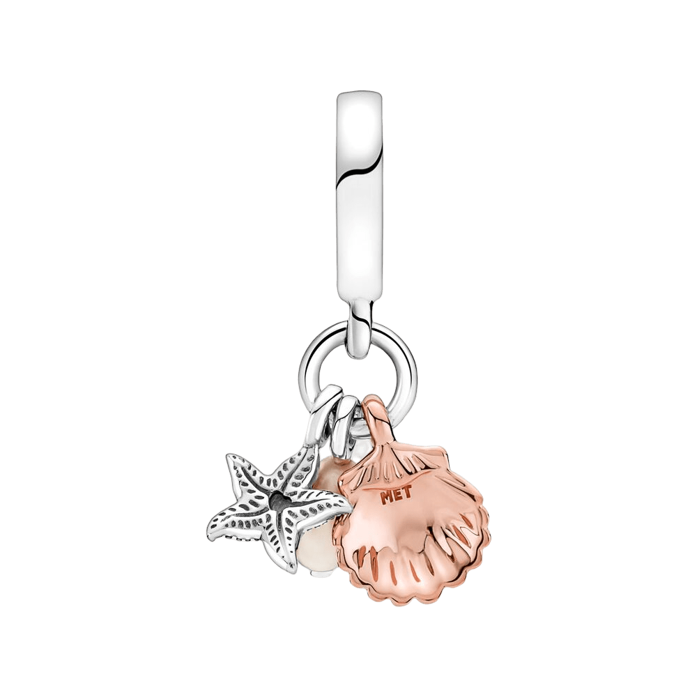 You Are My Treasure Ocean Dangle Charm featuring a rose gold scallop shell and silver starfish.