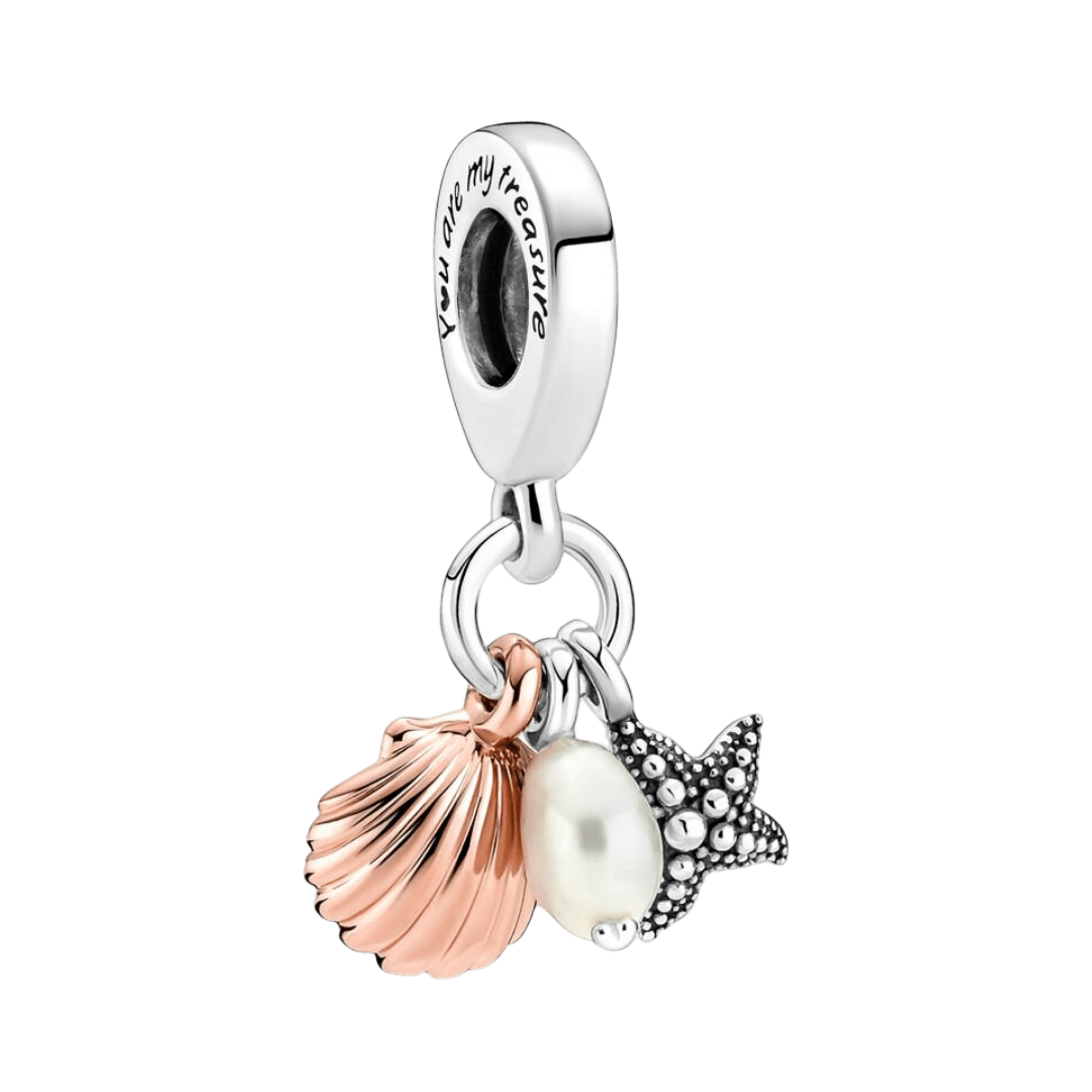 You Are My Treasure Ocean Dangle Charm featuring a rose gold scallop shell, pearl drop, and silver starfish.