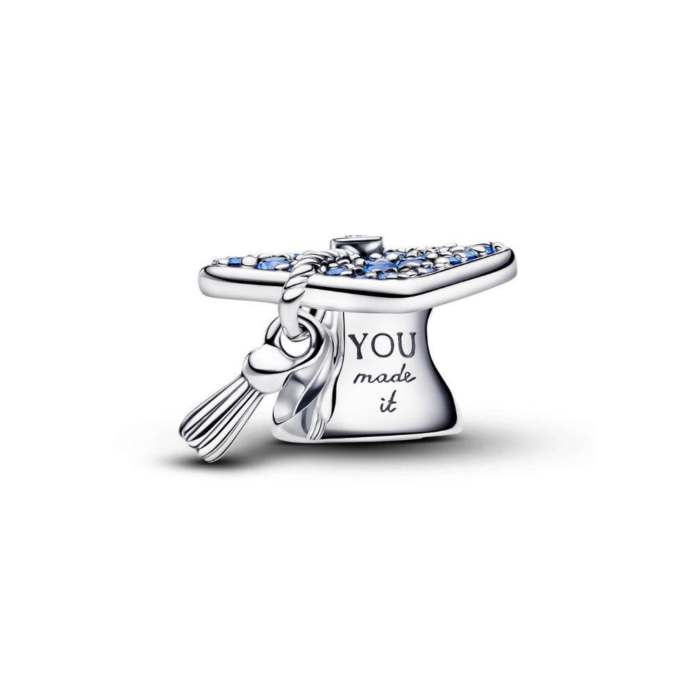 You Made It 2026 Graduation Cap Charm with blue crystals and dangling tassel, celebrating graduation achievement.