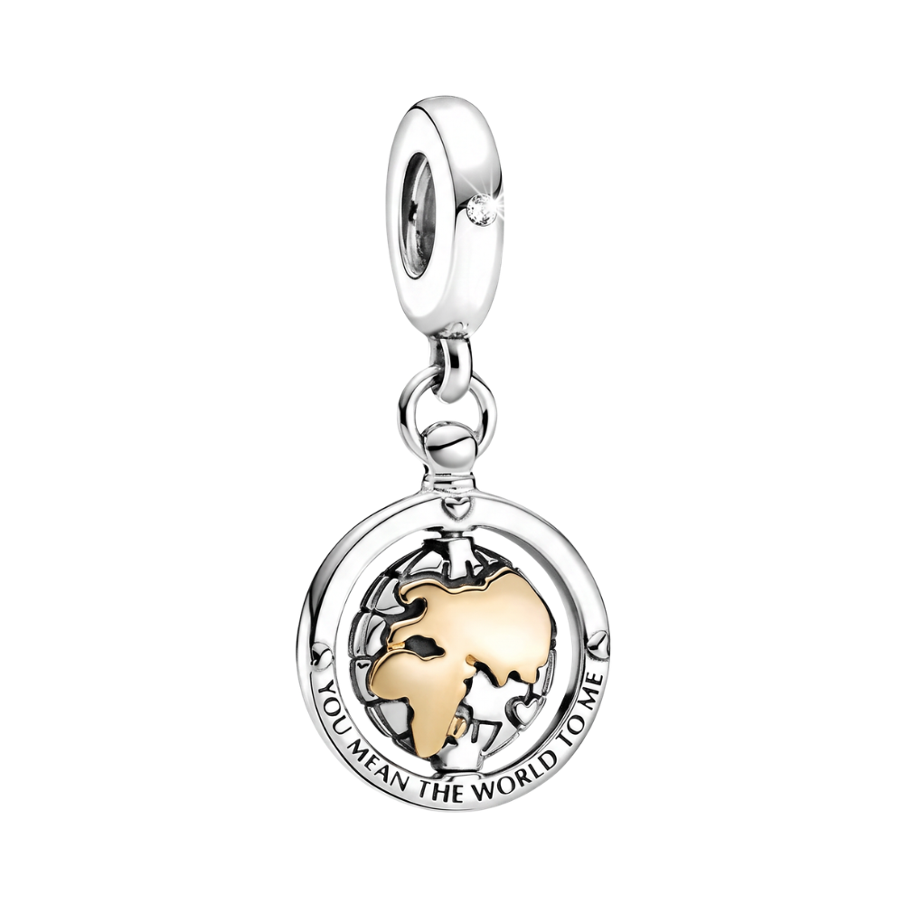 You Mean the World to Me Spinning Globe Dangle Charm featuring a gold and silver globe in a silver frame.
